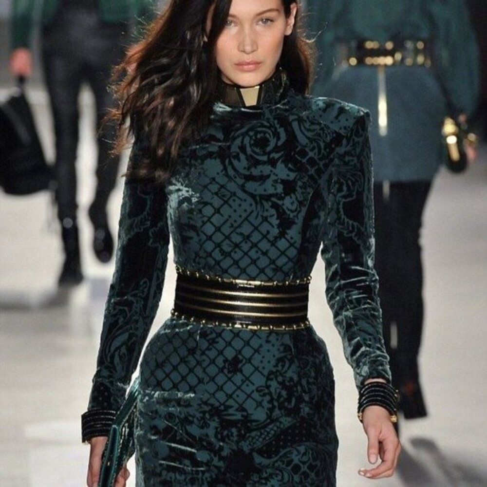 Balmain for H&M Velvet Green Floral Long Sleeve Gold Zip Dress Size 8